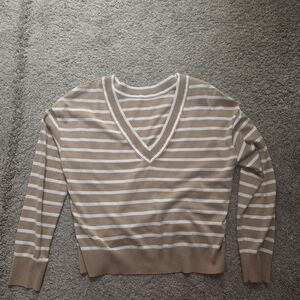 Express Tan and White Striped V-Neck Sweater